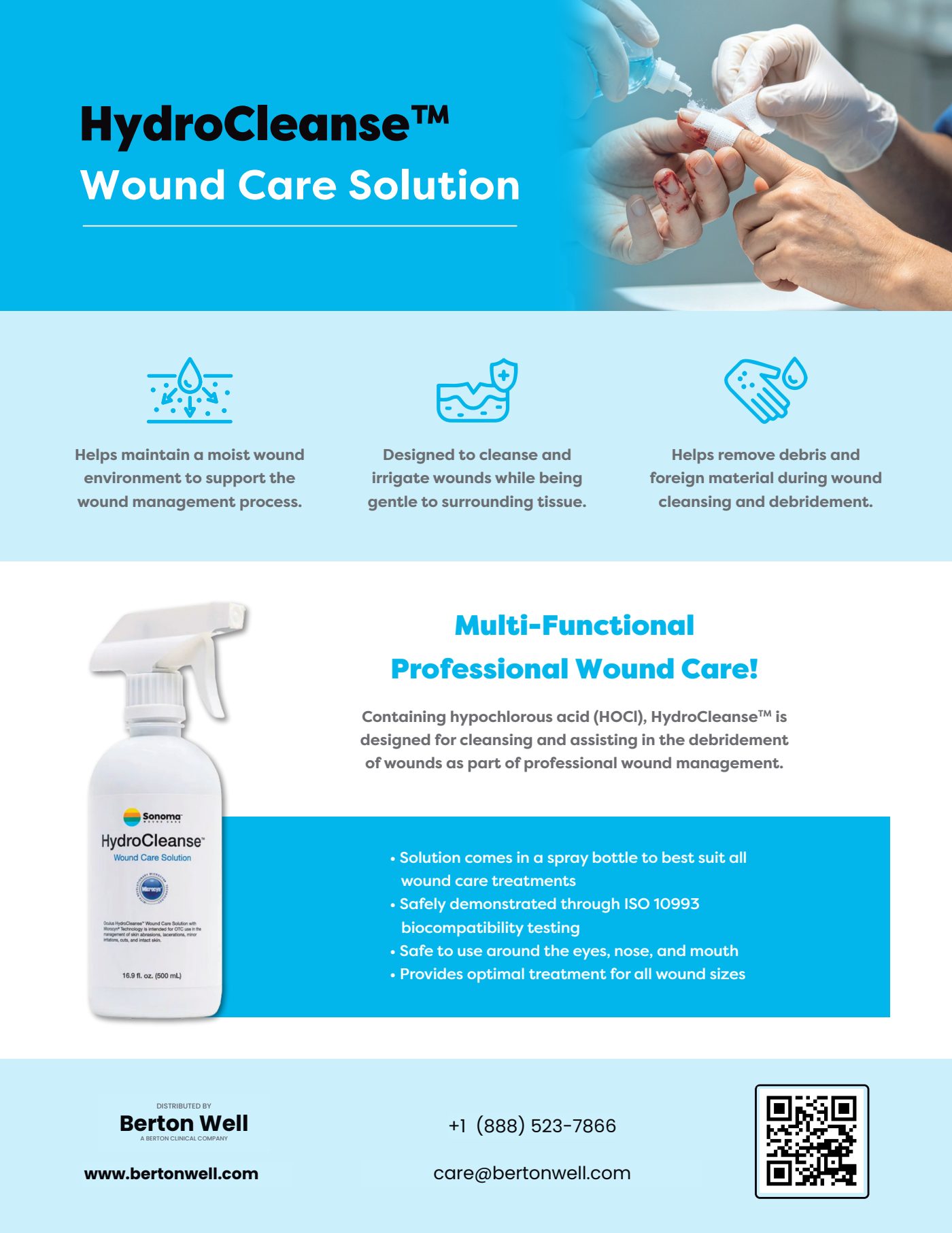 Page 1 of the HydroCleanse Wound Care Solution product brochure