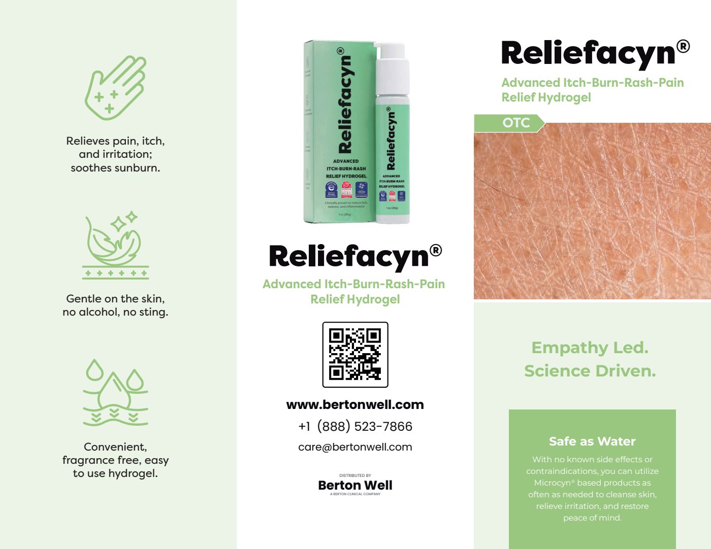 Page 1 of the Reliefacyn Advanced Itch-Burn-Rash Relief Hydrogel product brochure