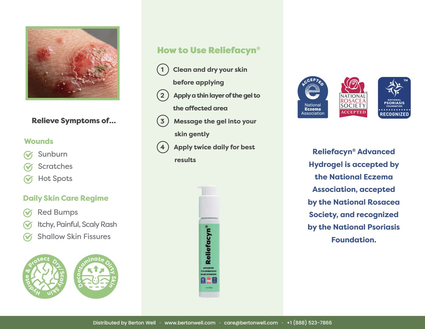 Page 2 of the Reliefacyn Advanced Itch-Burn-Rash Relief Hydrogel product brochure